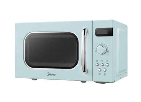 A blue microwave oven is sitting on a white surface.
