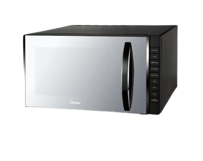 A black and silver microwave oven with a handle on a white background