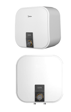 Two white water heaters are sitting next to each other on a white background.