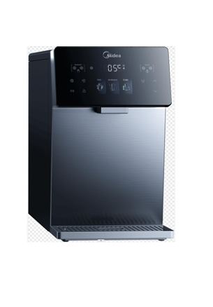 A black water dispenser on a white background.