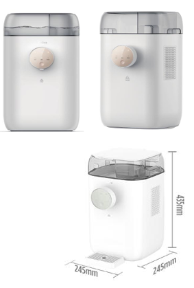 A white coffee grinder with measurements on a white background.