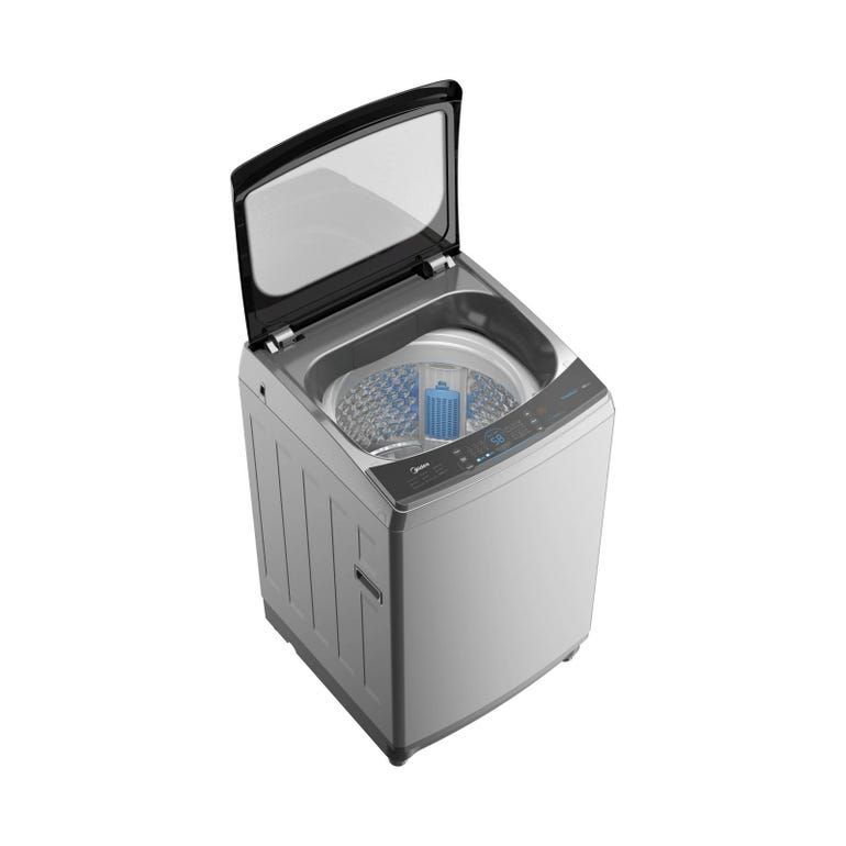 A stainless steel washing machine on a white background.