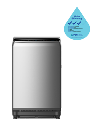 A stainless steel washing machine with a water efficiency label on it