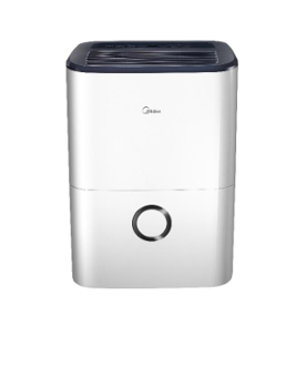 A white air purifier with a black lid and a circle on it.