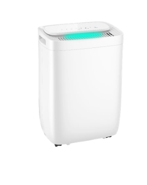 A white air purifier is sitting on a white surface.