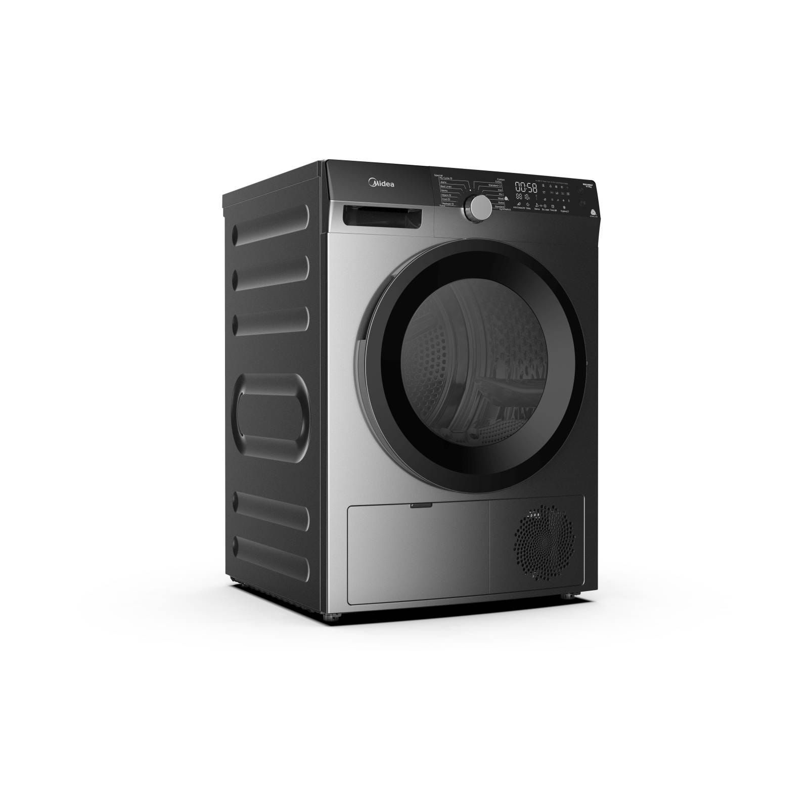A black washing machine and dryer on a white background.
