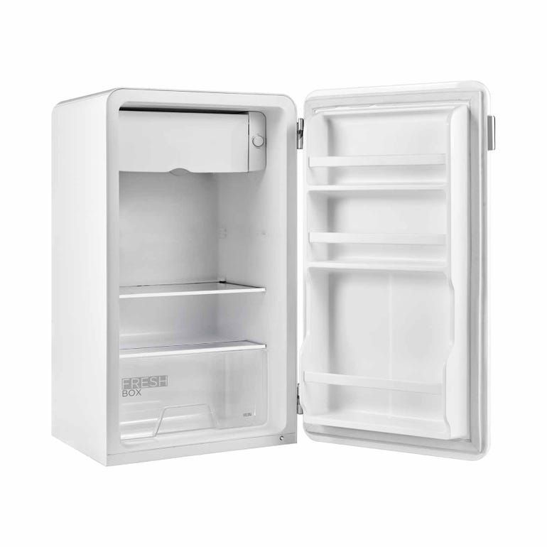 A white refrigerator on a white background.