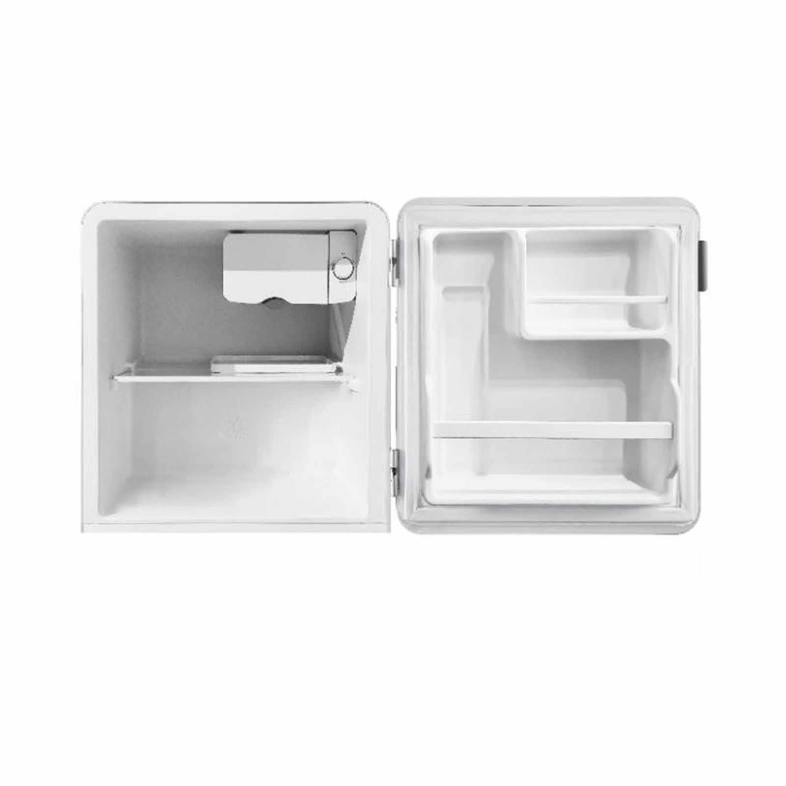 A white cube shaped refrigerator on a white background.