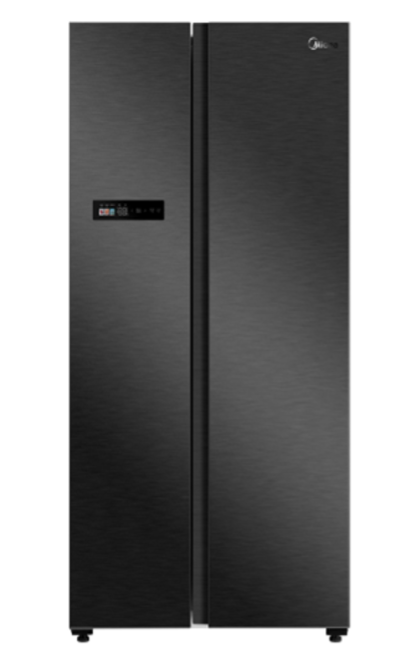 A black side by side refrigerator on a white background