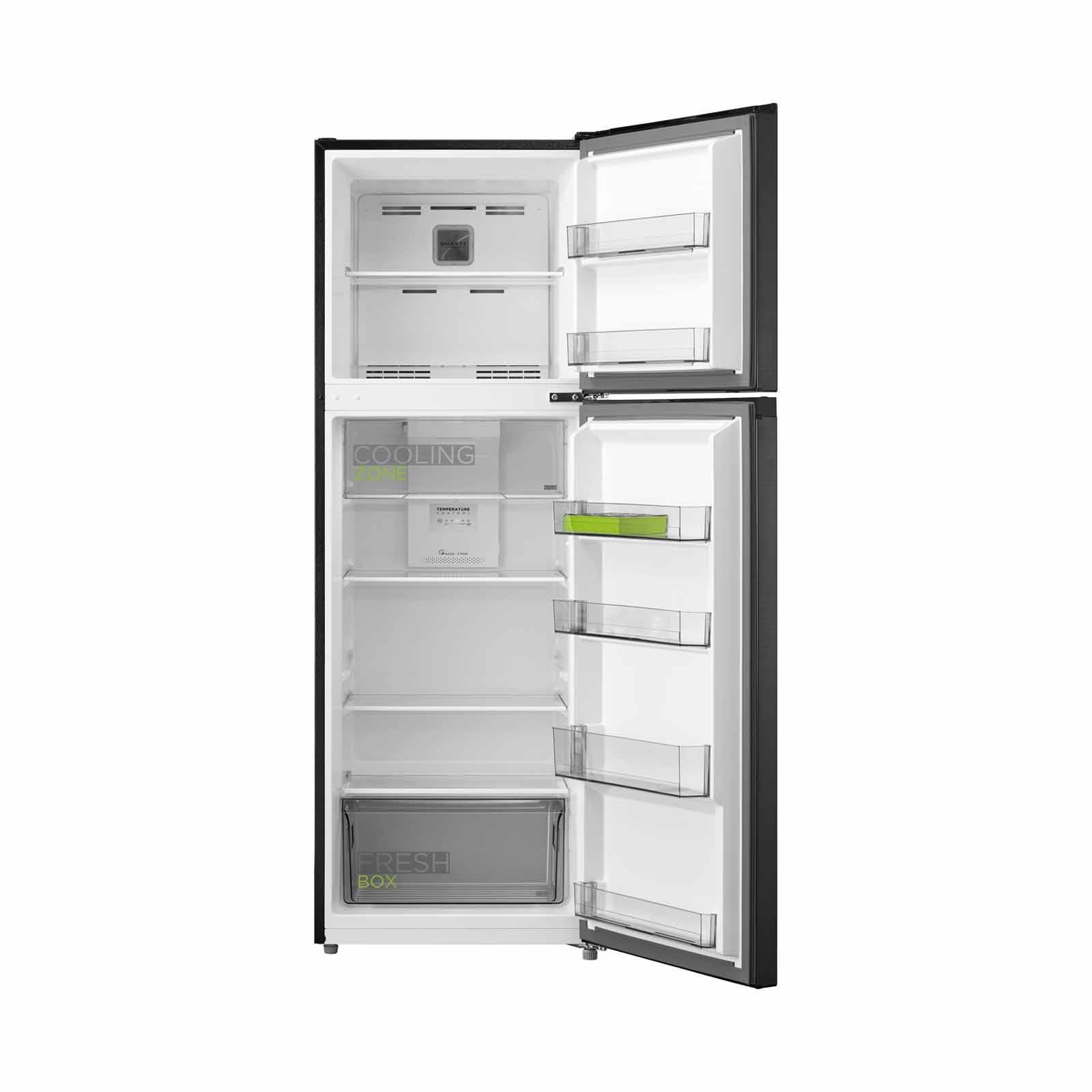 A black refrigerator freezer on a white background.