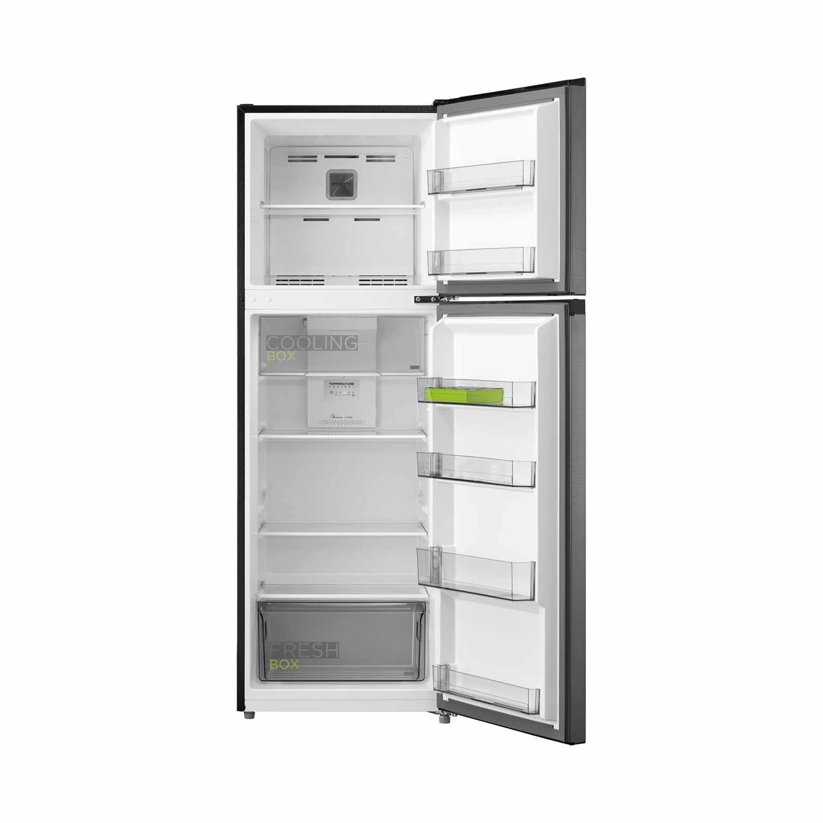 A stainless steel refrigerator freezer on a white background.