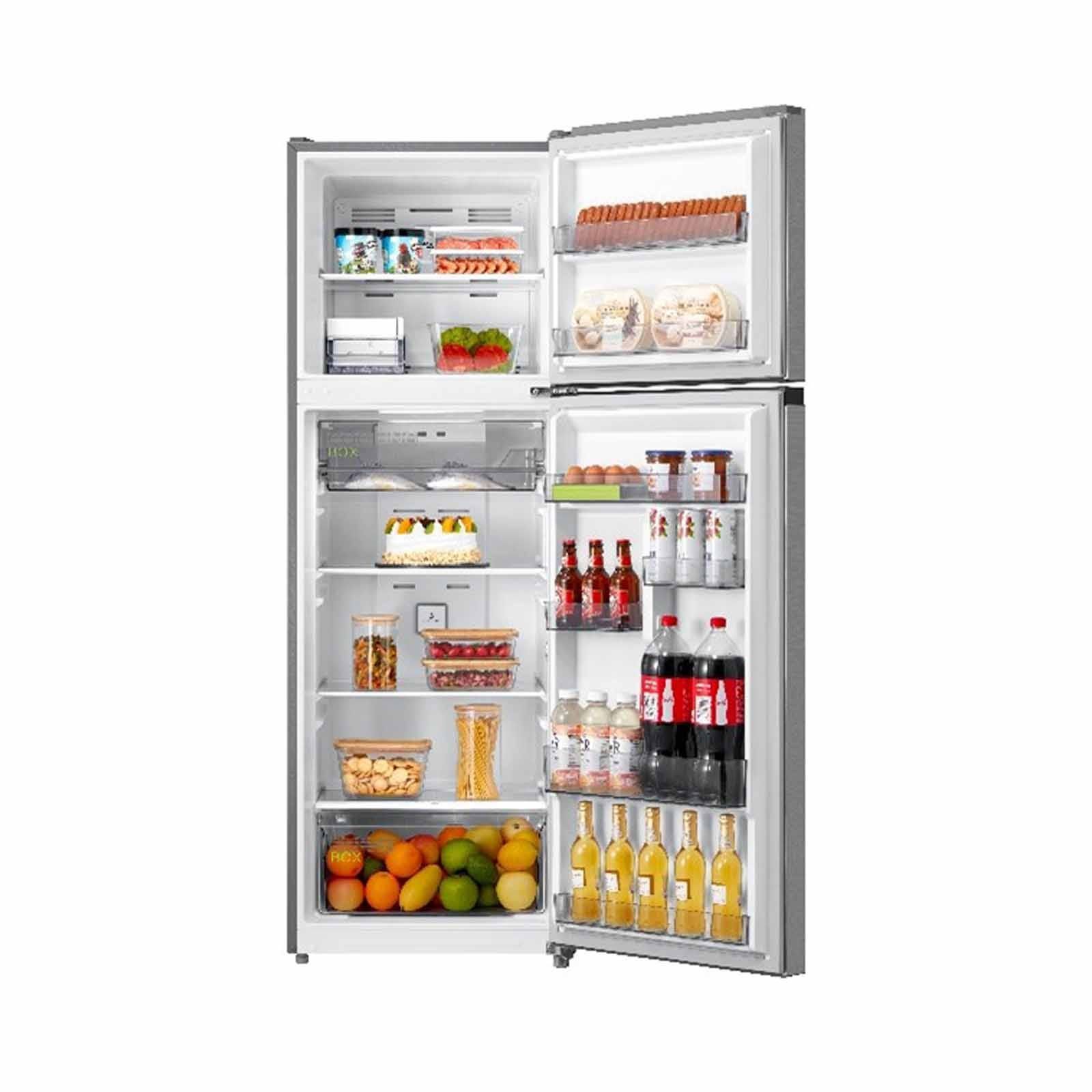 A stainless steel refrigerator freezer on a white background.