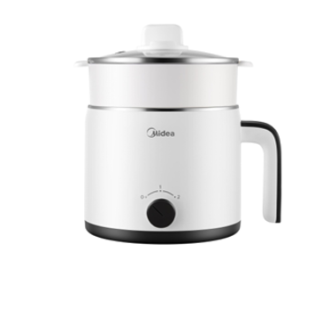 A white midea pot with a handle and a lid on a white background.