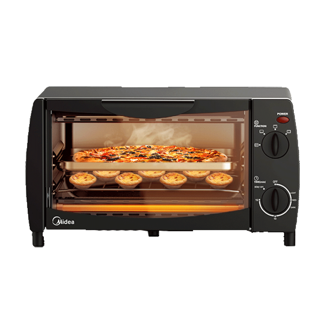 A black toaster oven is sitting on a white surface.