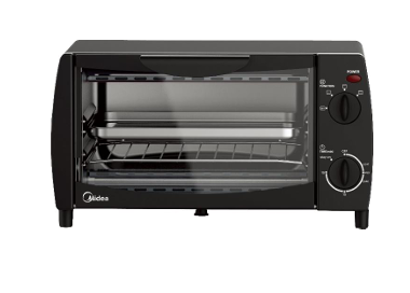 A black toaster oven is sitting on a white surface.