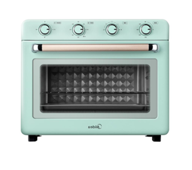 A mint green toaster oven with a copper handle on a white background.
