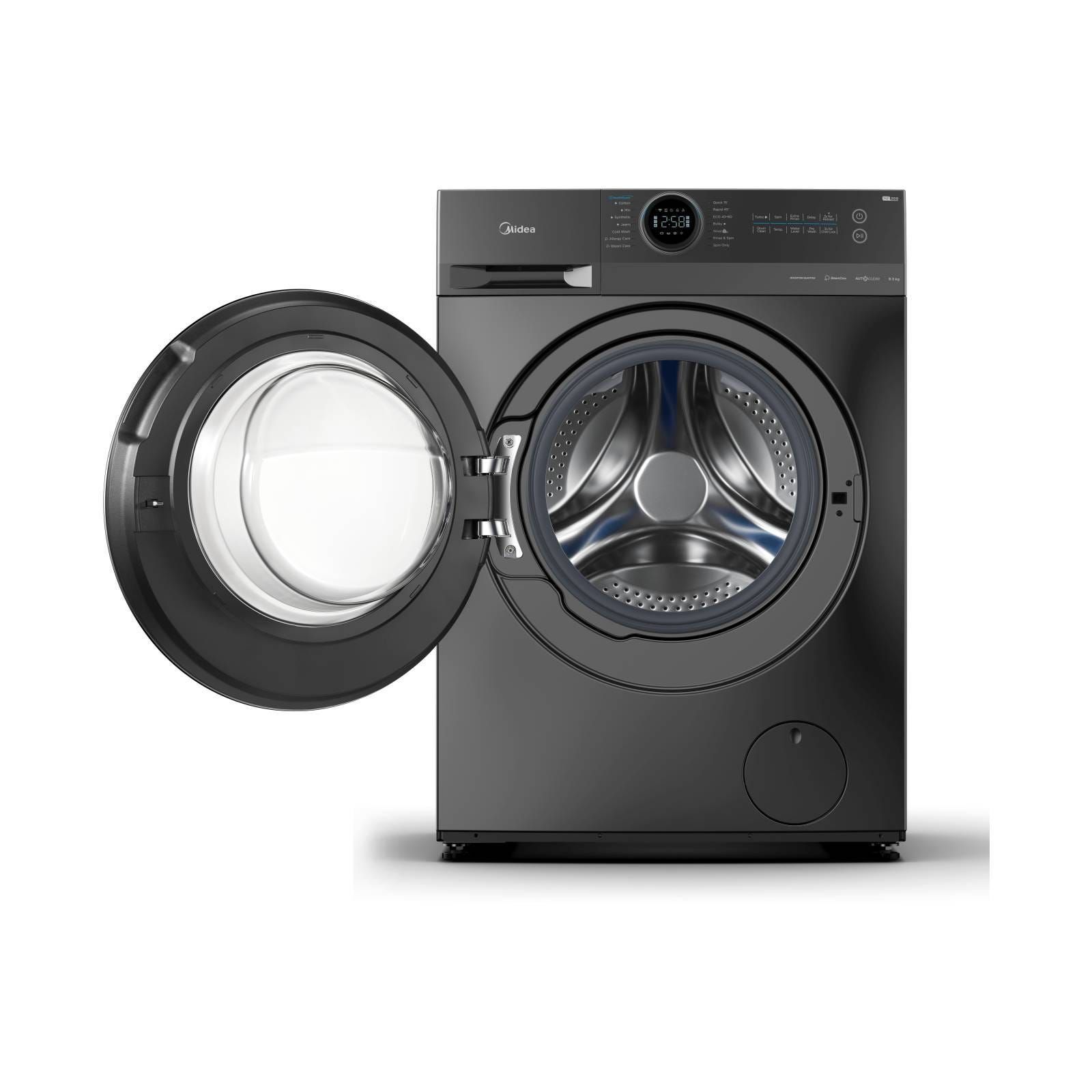 A black washing machine is sitting on a white surface.