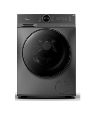A black washing machine is sitting on a white surface.