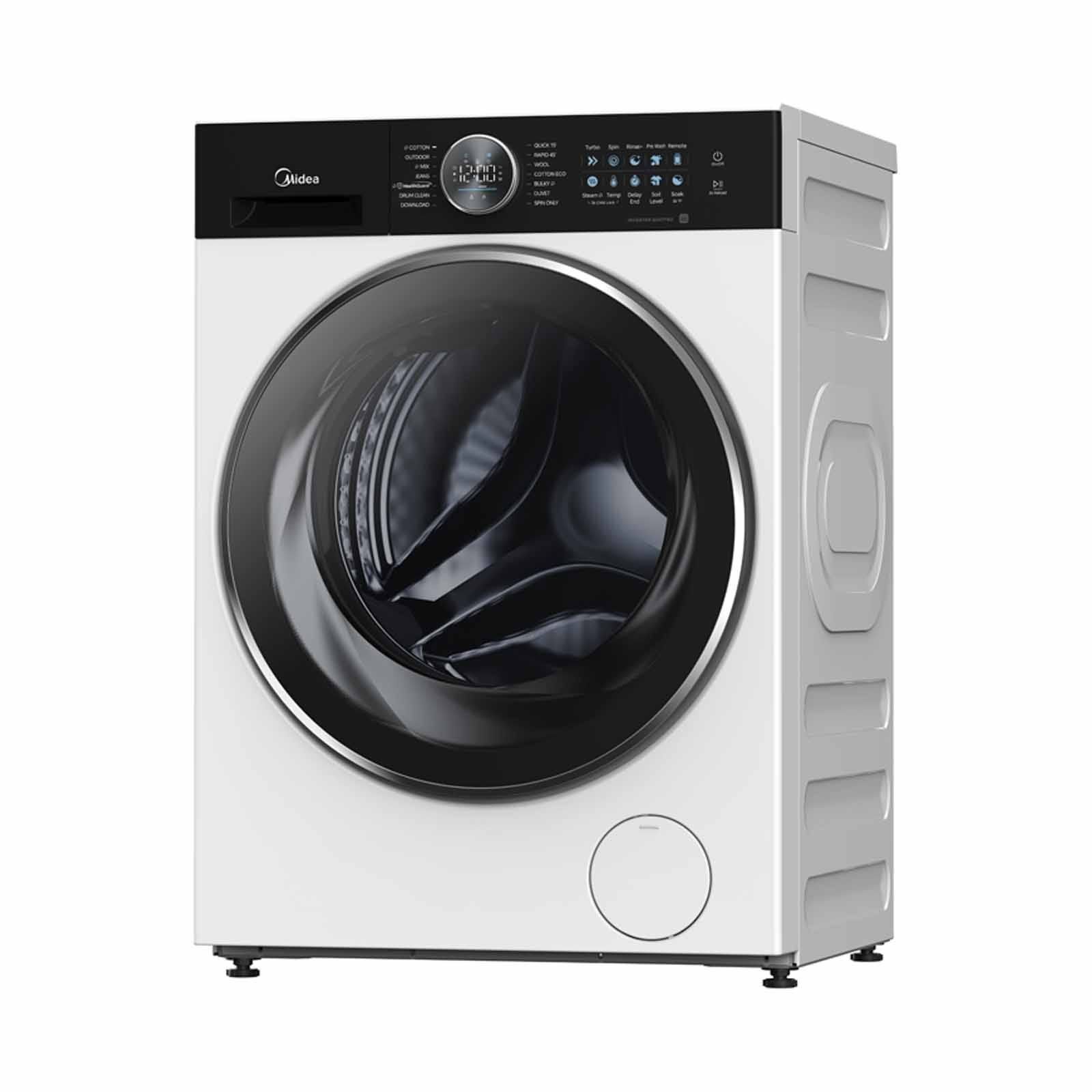 A white washing machine with a black door on a white background.