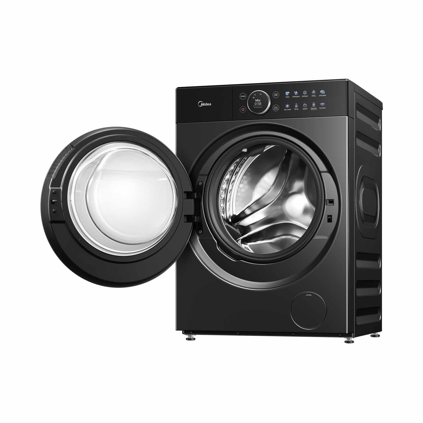 A black washing machine is sitting on a white surface.