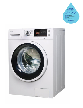 A white washing machine is sitting on a white surface.