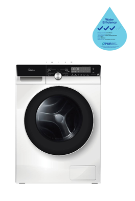 A white washing machine with a blue water drop on it.