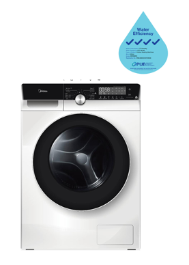 A white washing machine with a water efficiency sticker next to it