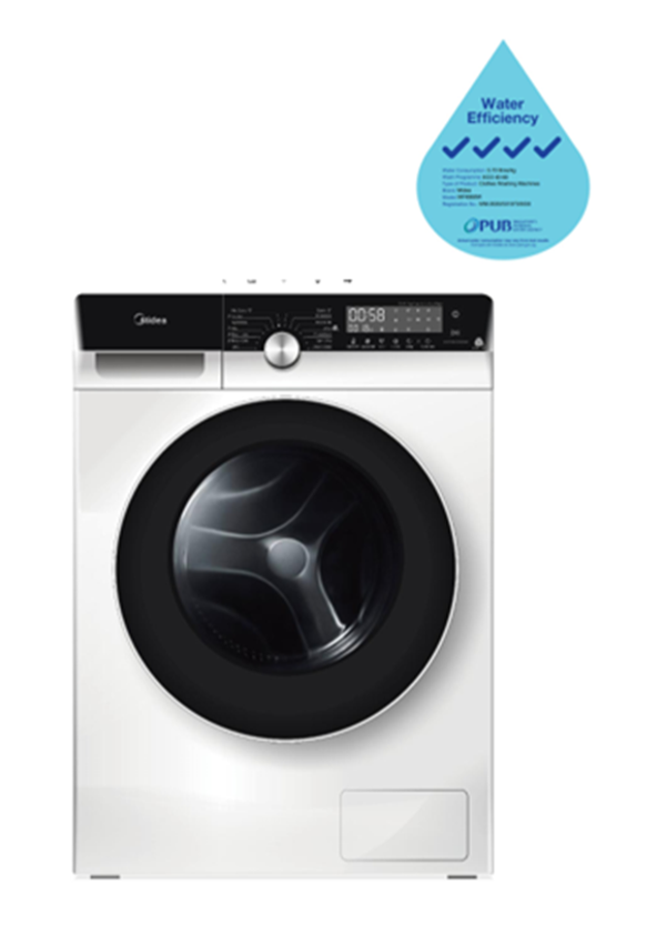 A white washing machine with a water efficiency label on it