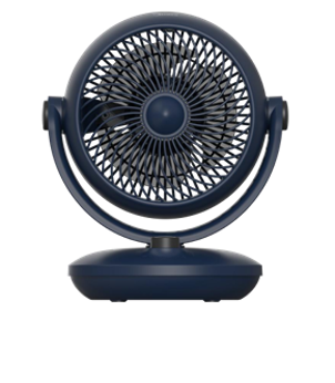A blue fan is sitting on a white surface