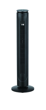 A black tower fan is sitting on a white surface.