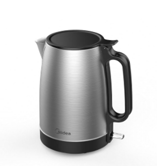 A stainless steel electric kettle with a black handle