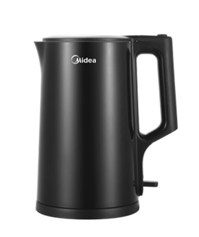 A black midea electric kettle with a handle on a white background.