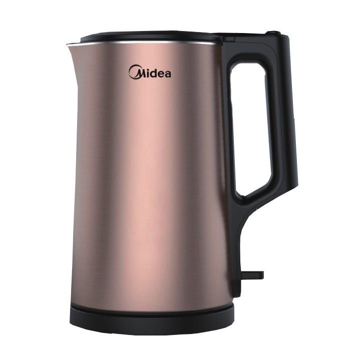 A brown electric kettle with a black handle on a white background