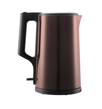 A brown electric kettle with a black handle on a white background