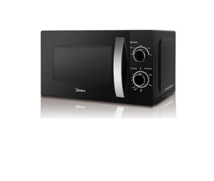 A black microwave oven is sitting on a white surface.