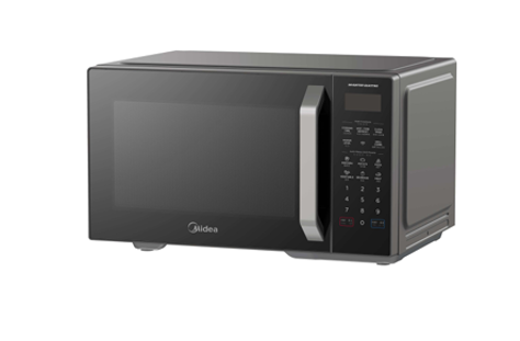 A black microwave oven is sitting on a white surface.