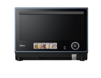 A black microwave oven with a glass door on a white background.