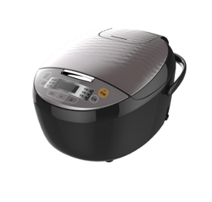 A black and silver rice cooker on a white background