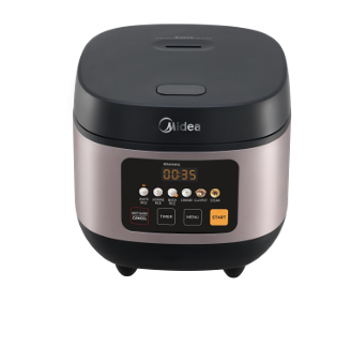 A midea rice cooker is shown on a white background