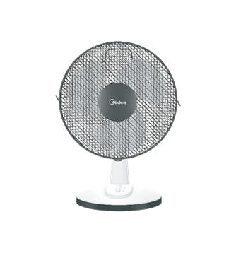 A midea table fan is sitting on a white surface.