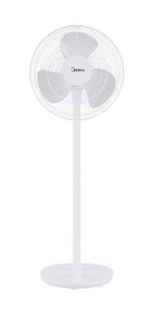 A white pedestal fan with three blades on a white background.