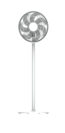 A white fan on a stand on a white background.