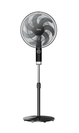 A black stand fan on a white background.
