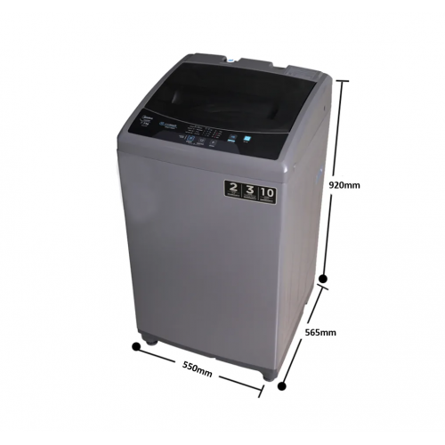 A washing machine is sitting on a white surface.