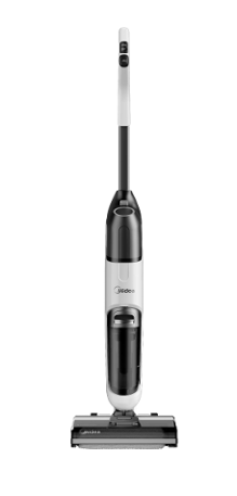 A black and white vacuum cleaner on a white background.