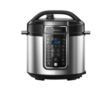 A stainless steel pressure cooker with a digital display on a white background.