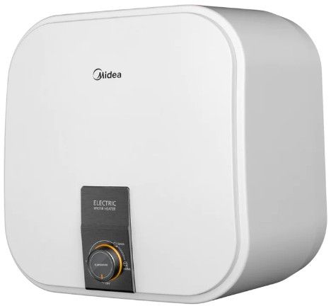 Two white water heaters are sitting next to each other on a white background.