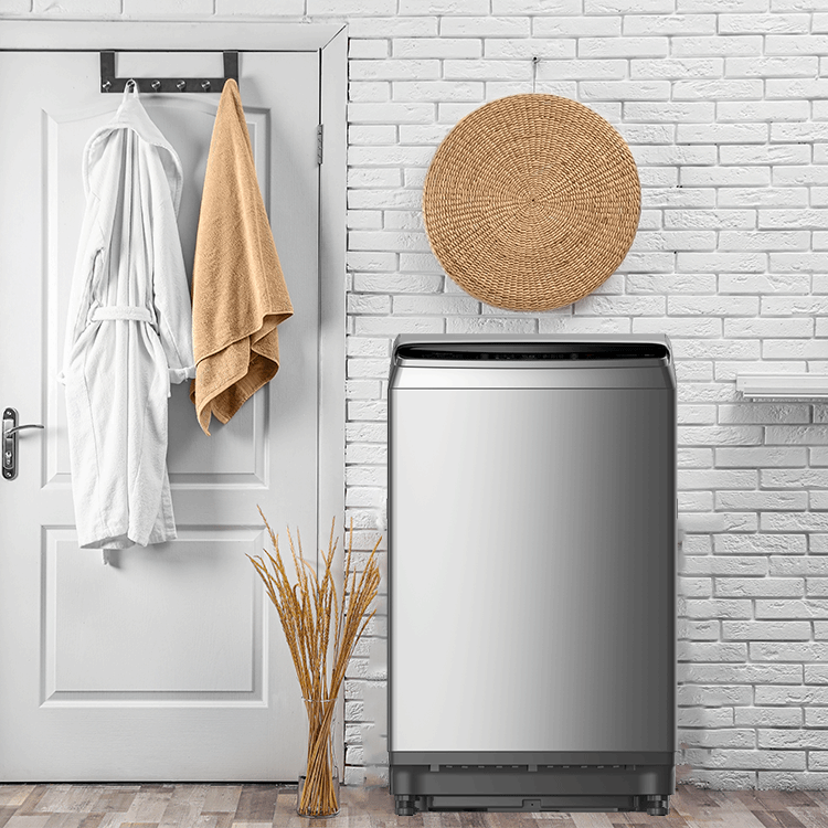 A washing machine is sitting in a laundry room next to a door.