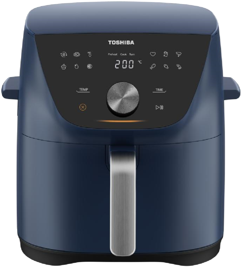A blue toshiba air fryer is sitting on a white surface.