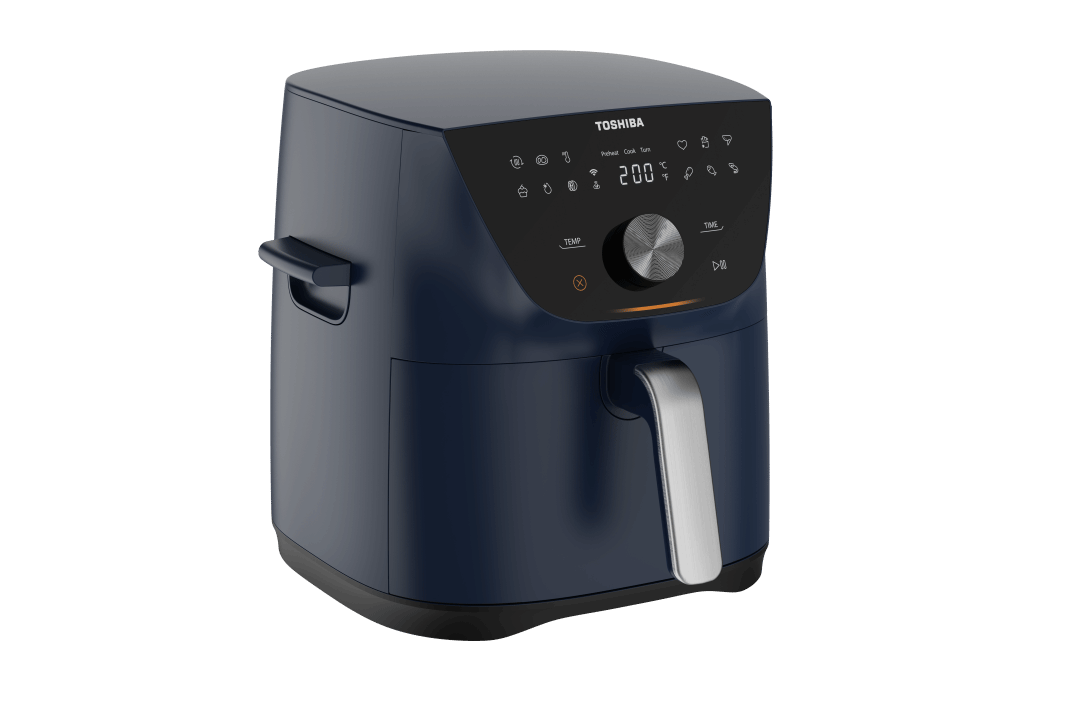 A blue toshiba air fryer is sitting on a white surface.